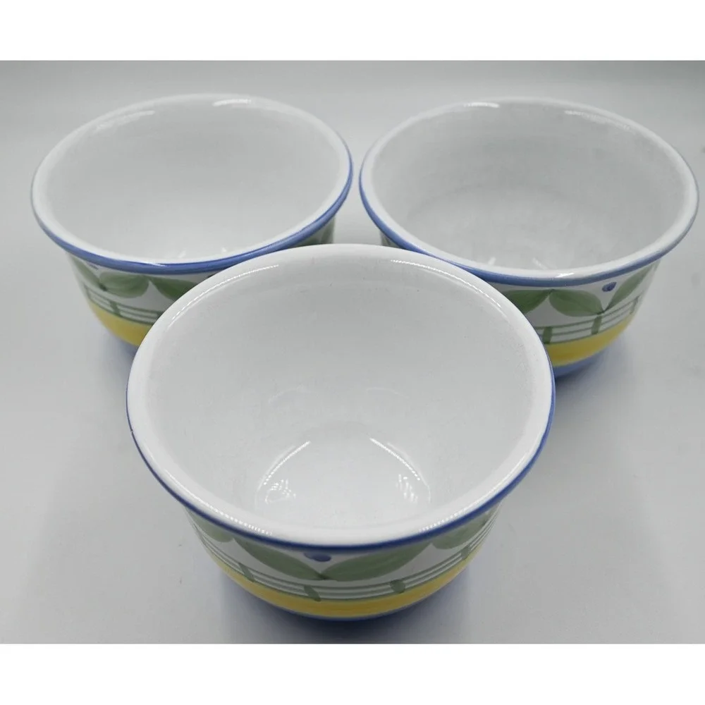 Williams Sonoma Italy Hand Painted Ceramic Bowls Set of 3 Blue Yellow Green Leaf